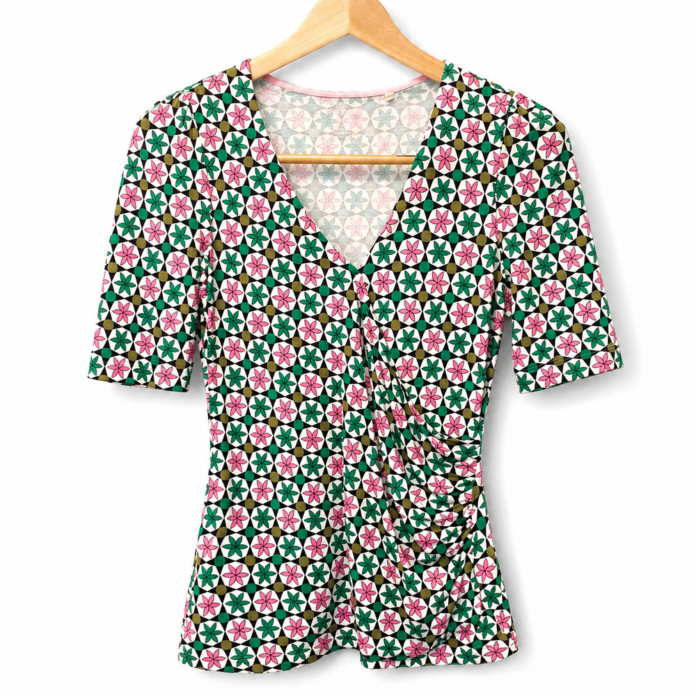 Boden Top Womens Size 4 Green Pink Geometric Floral Print Faux Wrap Ruched Retro